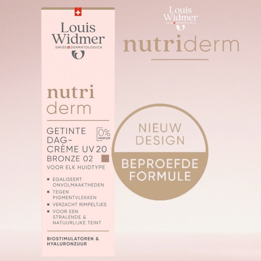 Vrouw met crèmetube. Louis Widmer Nutriderm. Getinte dagcrème UV20 Bronze 02.