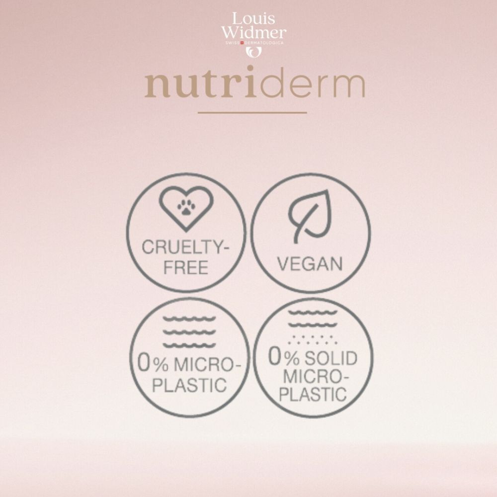 Aanbevolen door dermatologen. Louis Widmer Nutriderm. Cruelty Free, Vegan, 0% microplastic.