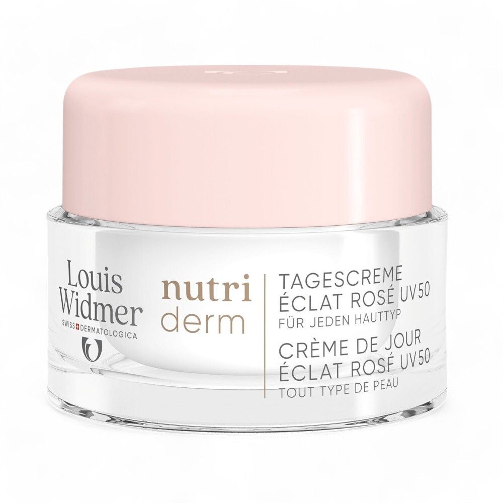 Crèmepot met roze deksel. Opschrift: Louis Widmer, nutriderm. Productnaam niet leesbaar.