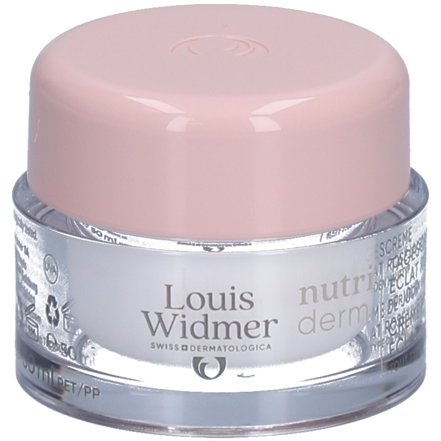 Creme-Tiegel mit rosa Deckel. Aufschrift: Louis Widmer, nutriderm. Produktname nicht lesbar.