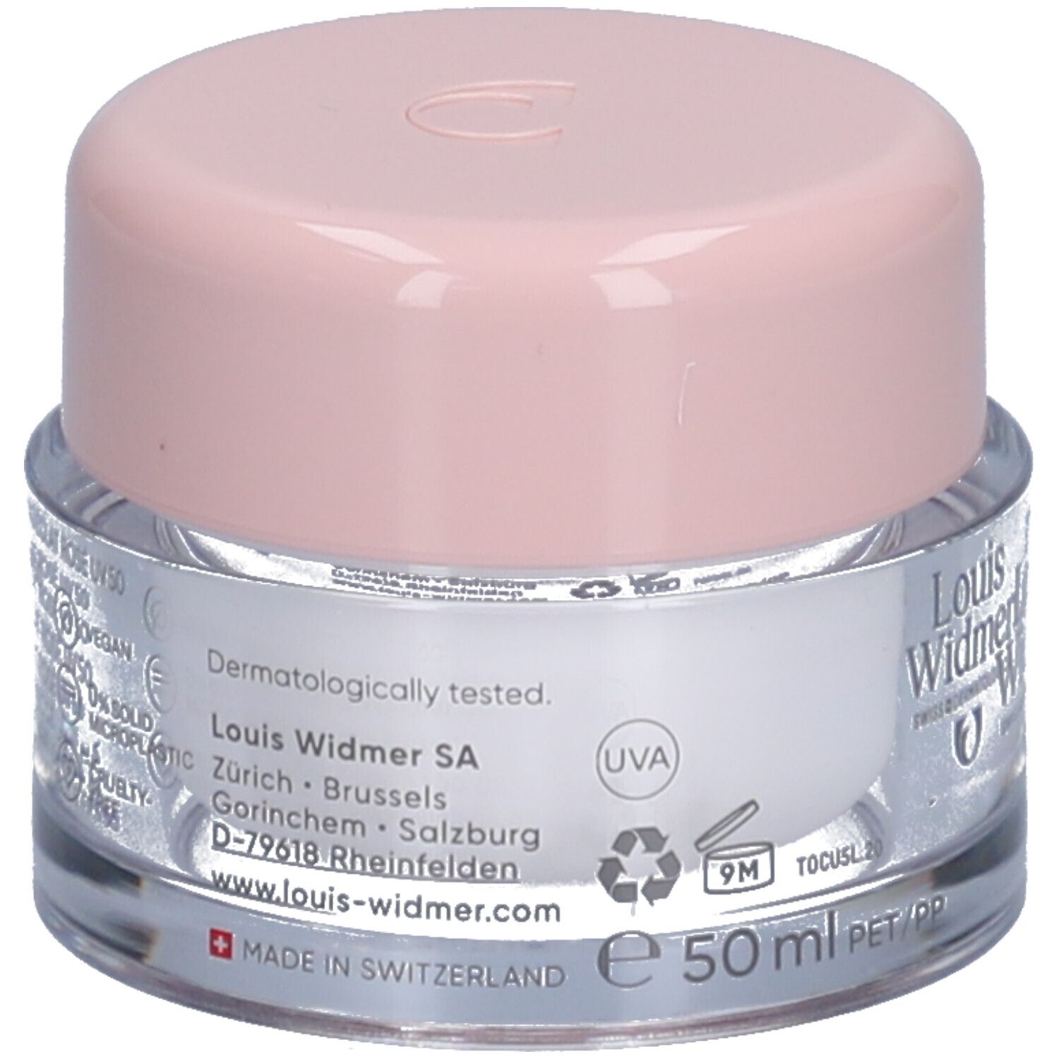 Creme-Tiegel mit rosa Deckel. Aufschrift: Louis Widmer, nutriderm. Produktname nicht lesbar.