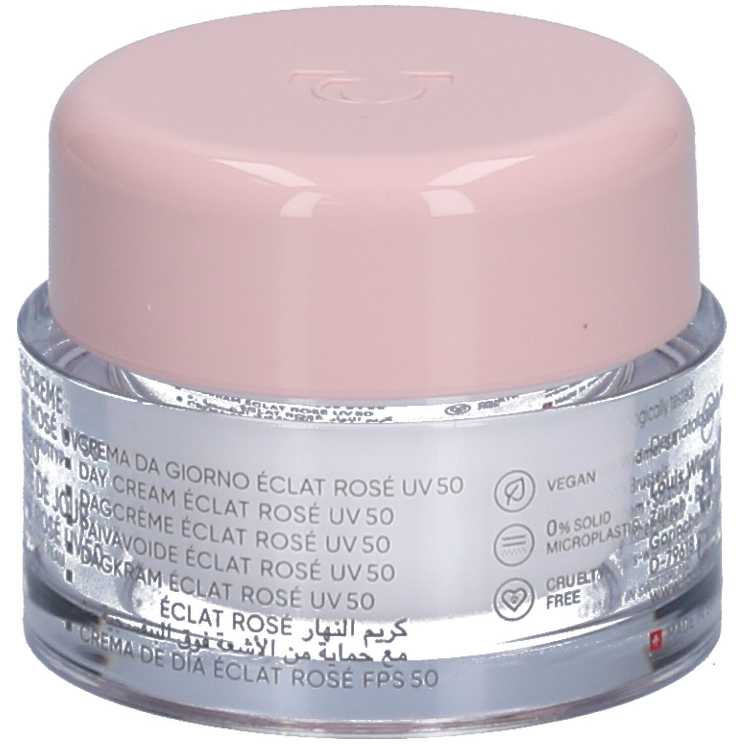 Creme-Tiegel mit rosa Deckel. Aufschrift: Louis Widmer, nutriderm. Produktname nicht lesbar.