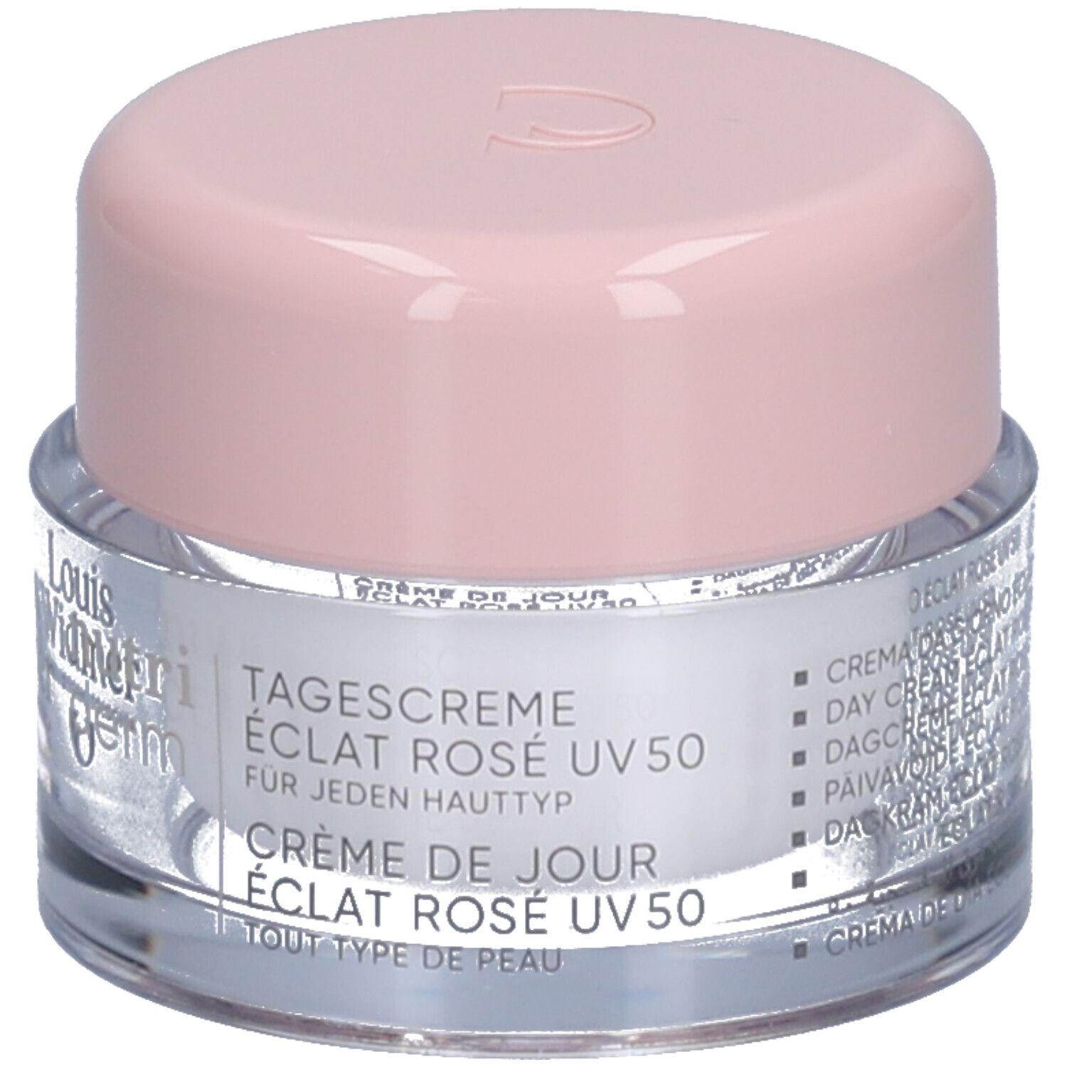 Creme-Tiegel mit rosa Deckel. Aufschrift: Louis Widmer, nutriderm. Produktname nicht lesbar.