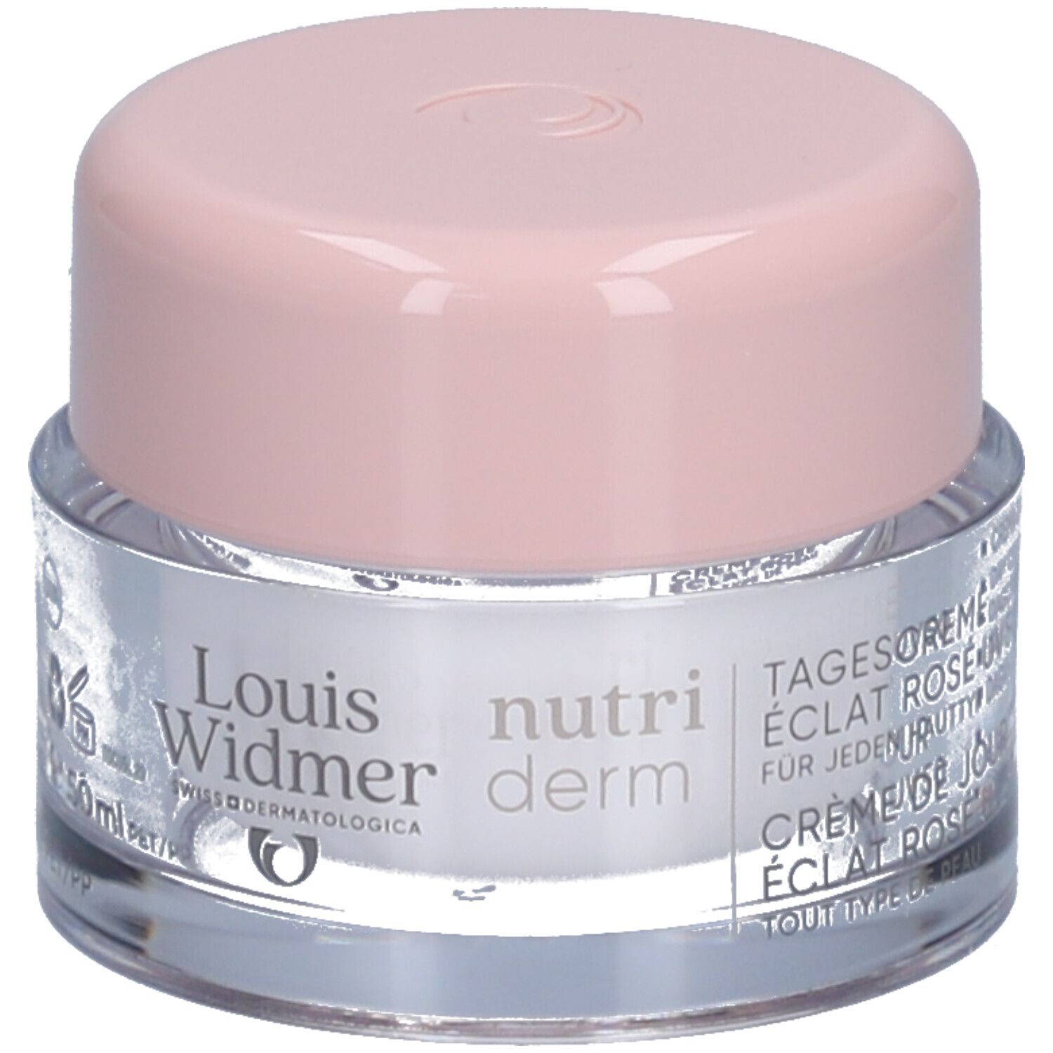 Creme-Tiegel mit rosa Deckel. Aufschrift: Louis Widmer, nutriderm. Produktname nicht lesbar.