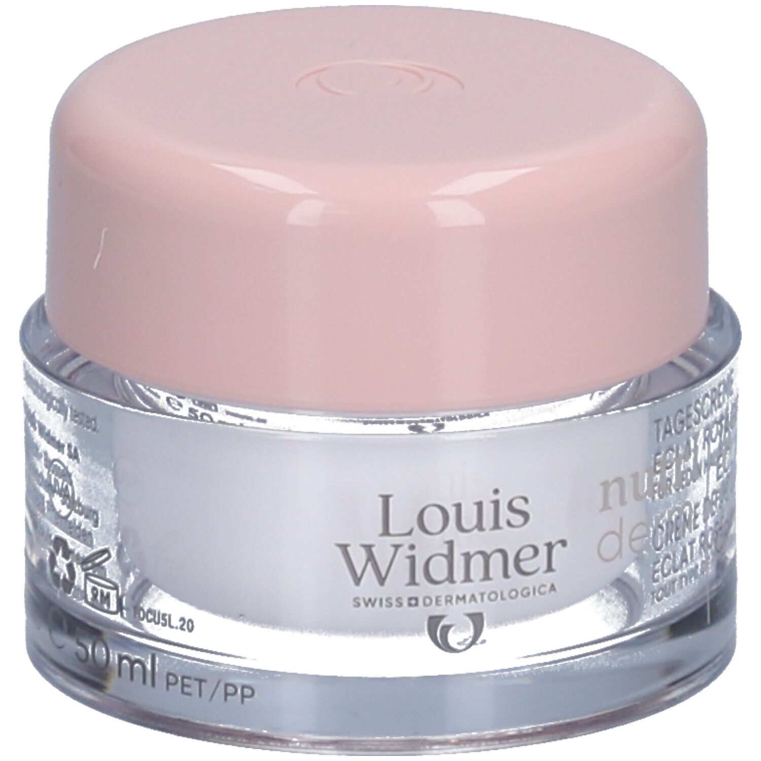 Creme-Tiegel mit rosa Deckel. Aufschrift: Louis Widmer, nutriderm. Produktname nicht lesbar.