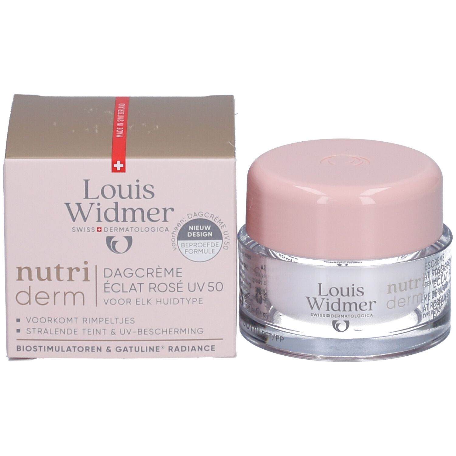 Creme-Tiegel mit rosa Deckel und Karton. Aufschrift: Louis Widmer, nutriderm. Produktname nicht lesbar.