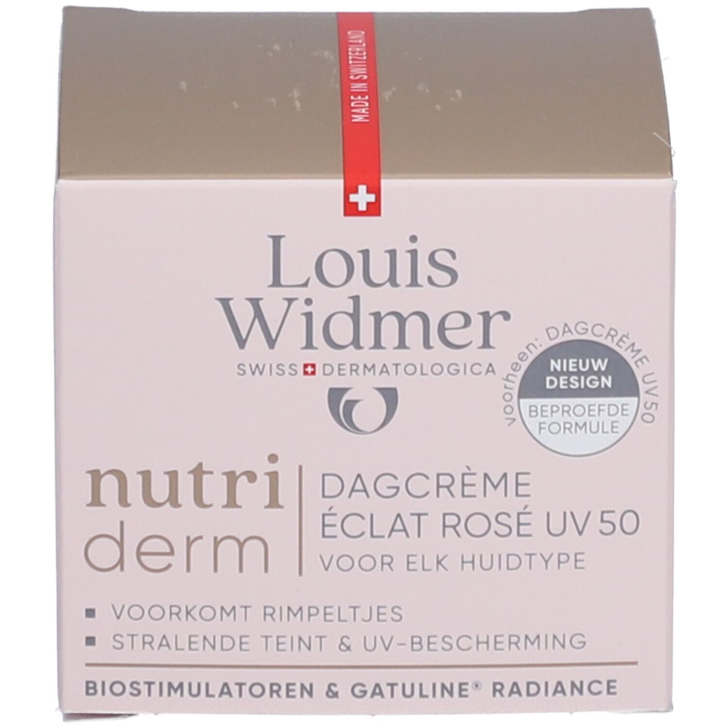 Karton mit rosa Deckel. Aufschrift: Louis Widmer, nutriderm. Produktname nicht lesbar.