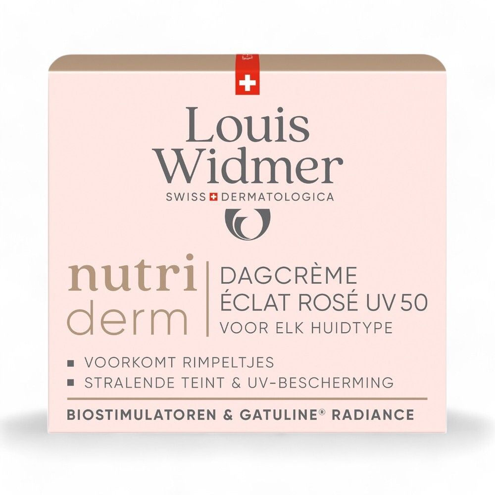 Doos met roze deksel. Opschrift: Louis Widmer, nutriderm. Productnaam niet leesbaar.