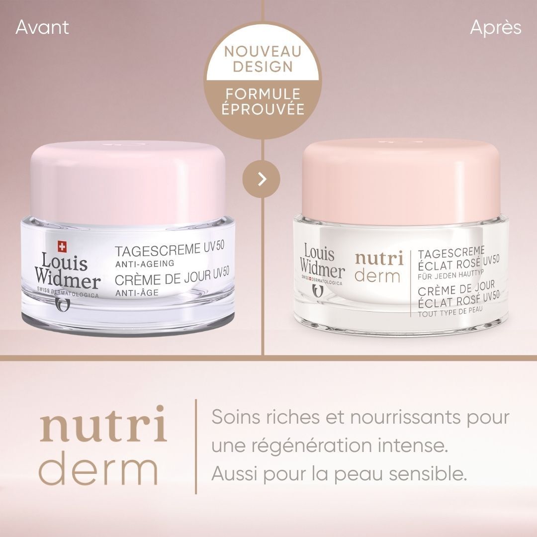 Pot de crème avec couvercle rose. Inscription : Louis Widmer, nutriderm. Nom du produit illisible.
