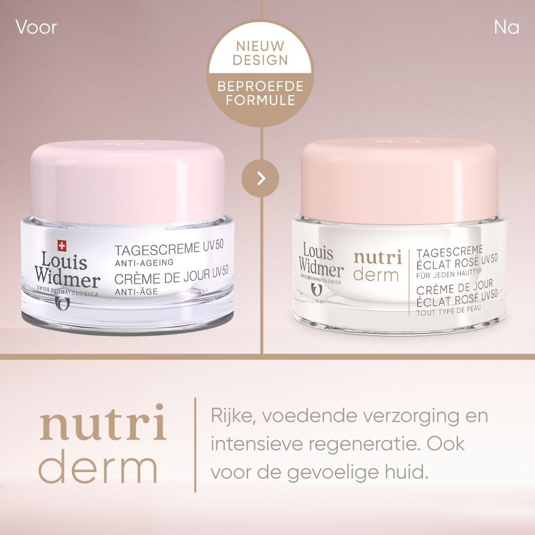 Crèmepot met roze deksel. Opschrift: Louis Widmer, nutriderm. Productnaam niet leesbaar.