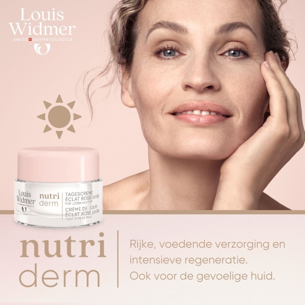 Crèmepot met roze deksel. Opschrift: Louis Widmer, nutriderm. Productnaam niet leesbaar.