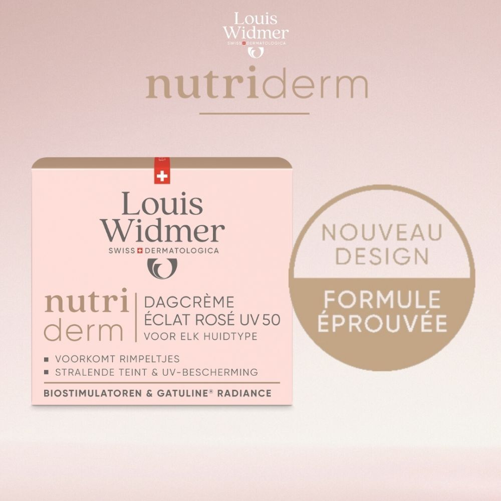 Pot de crème avec couvercle rose. Inscription : Louis Widmer, nutriderm. Nom du produit illisible.