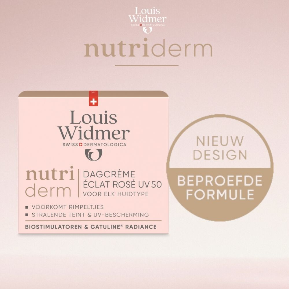 Crèmepot met roze deksel. Opschrift: Louis Widmer, nutriderm. Productnaam niet leesbaar.