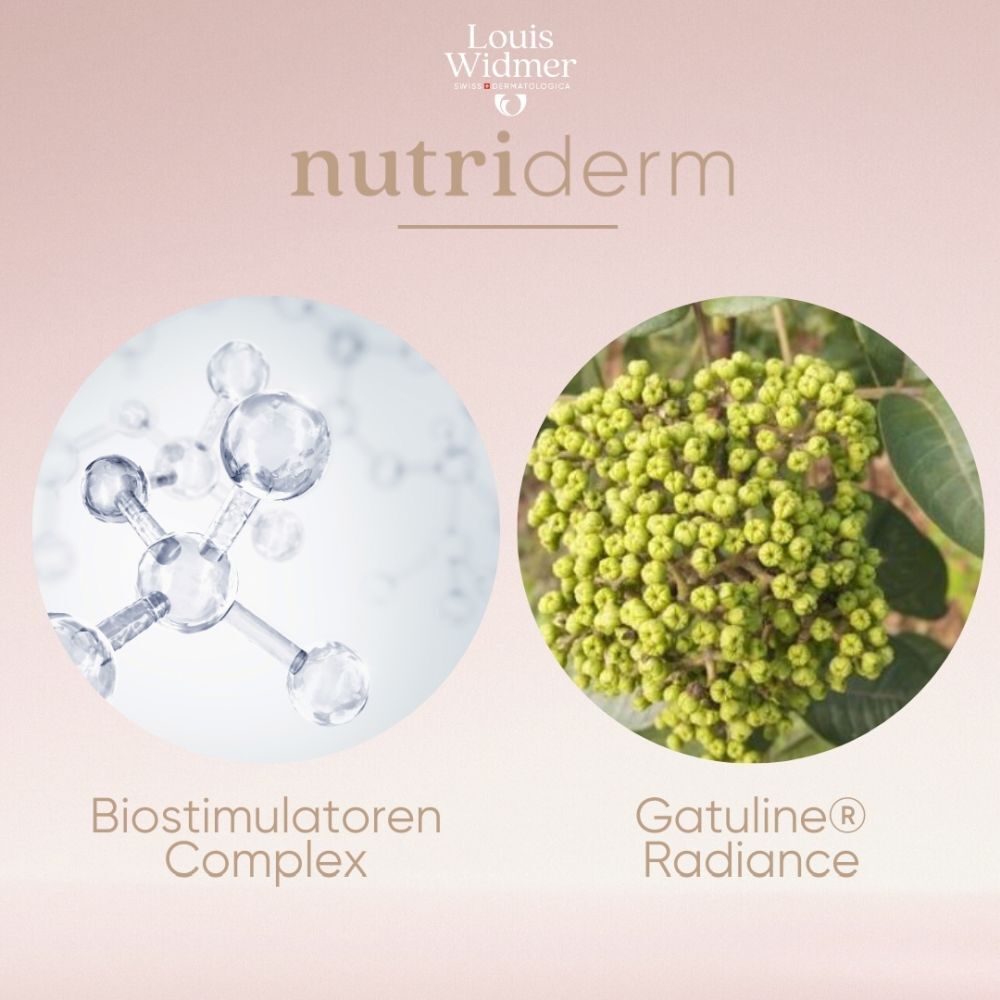 Crèmepot met roze deksel. Opschrift: Louis Widmer, nutriderm. Productnaam niet leesbaar.