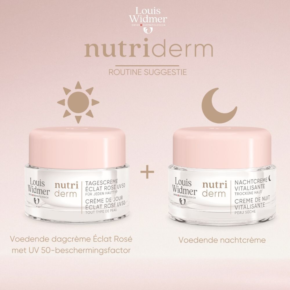 Crèmepot met roze deksel. Opschrift: Louis Widmer, nutriderm. Productnaam niet leesbaar.
