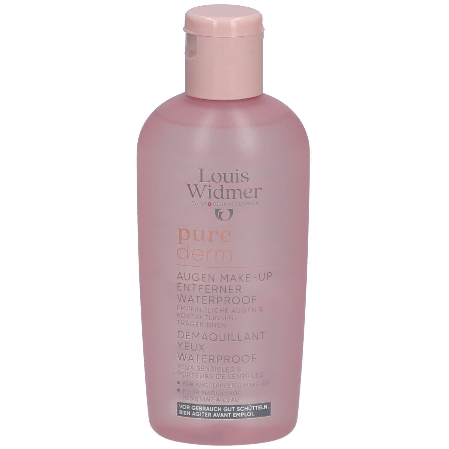 Rosa Flasche mit Augen-Make-up-Entferner. Deckel und Schriftzug in Rosa. Marke: Louis Widmer, Purederm.