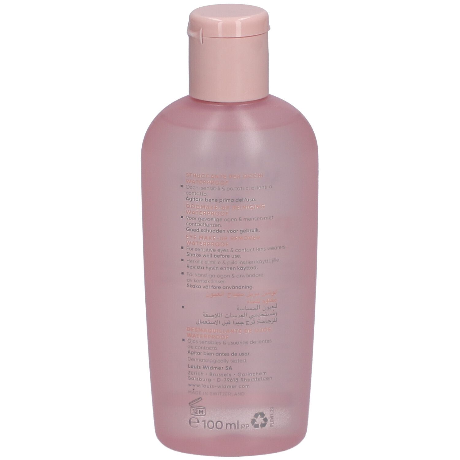 Rückseite der rosa Flasche mit Augen-Make-up-Entferner. Text in mehreren Sprachen. Marke: Louis Widmer.