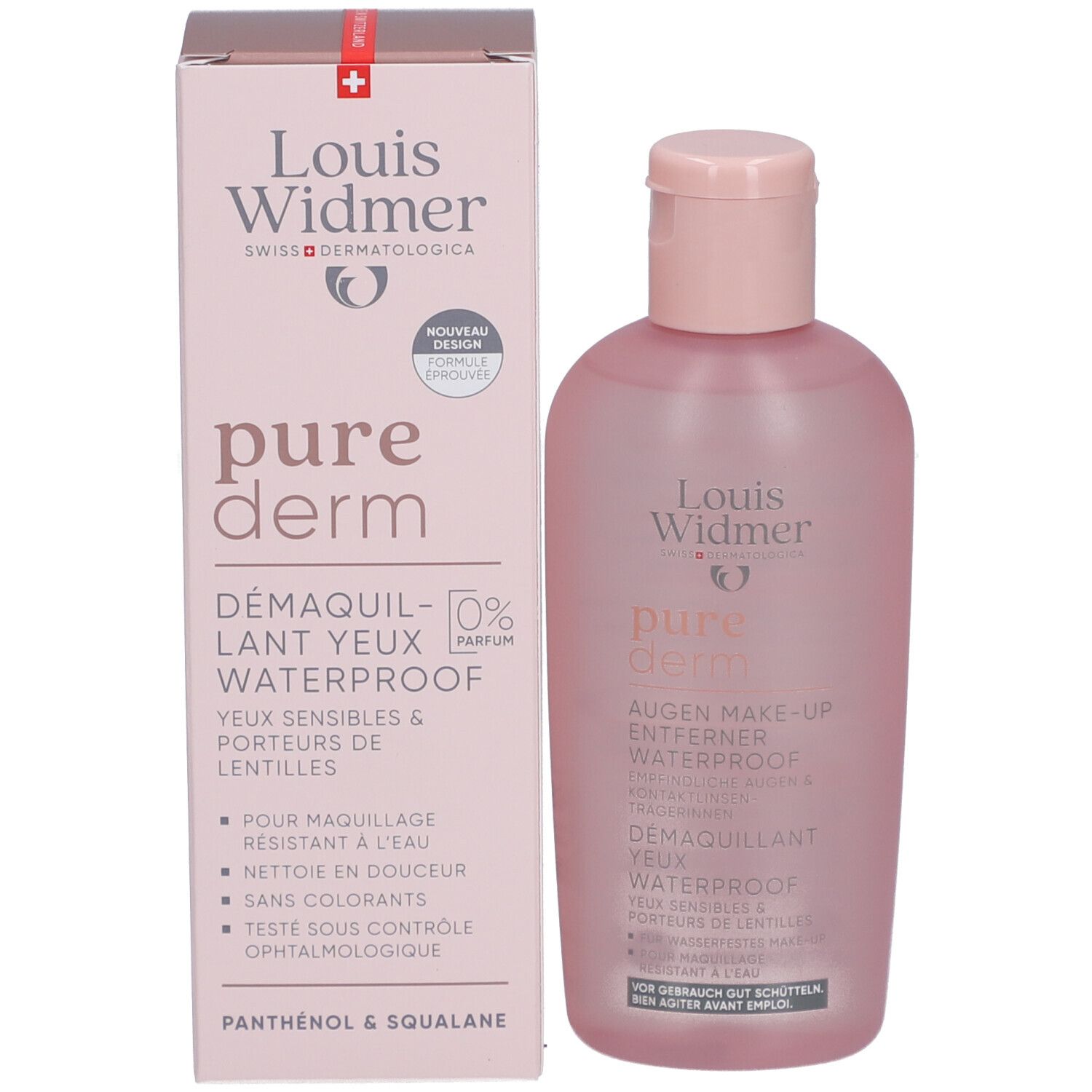 Produktverpackung mit Flasche Augen-Make-up-Entferner. Marke: Louis Widmer, Purederm. Mit 0% Parfum.