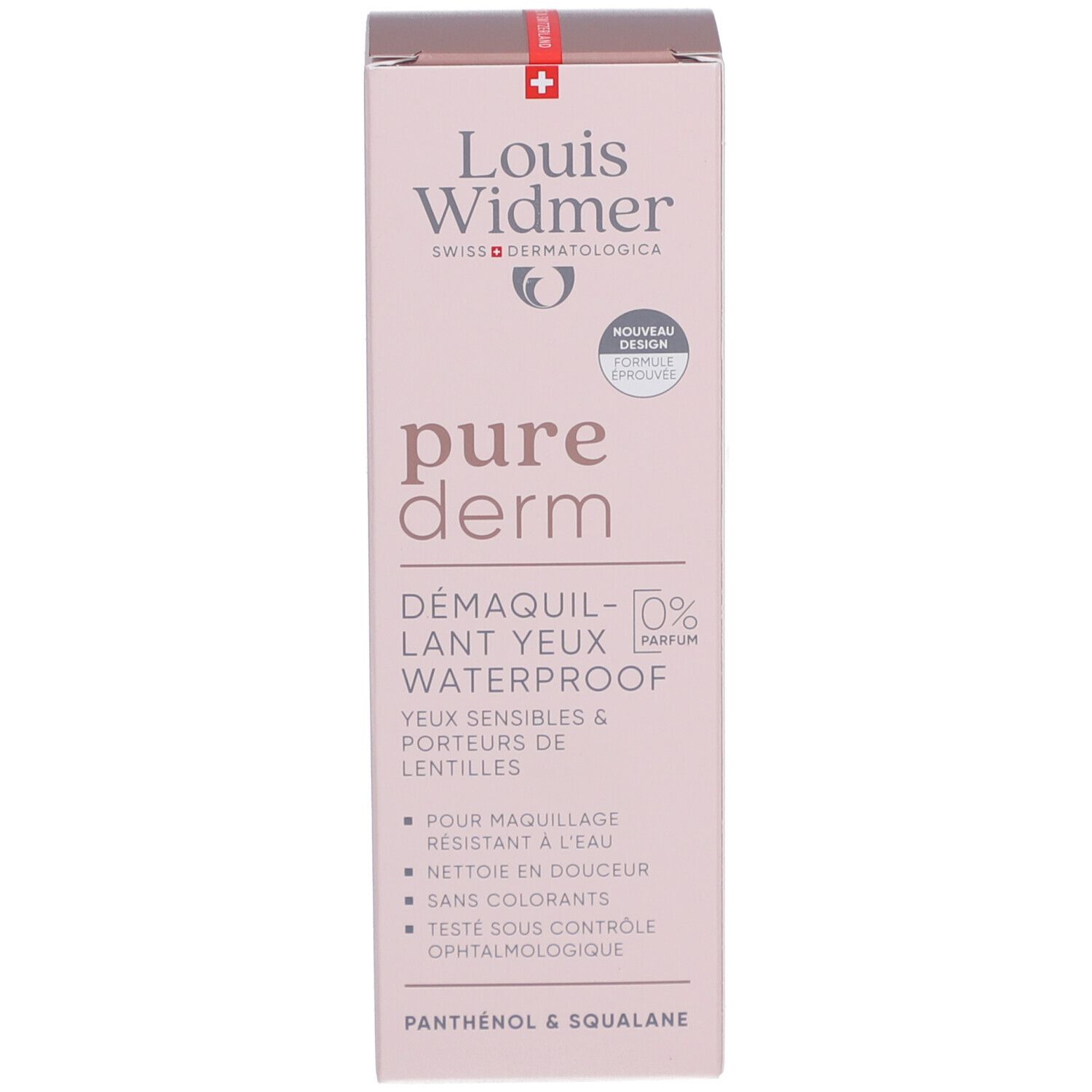 Produktverpackung mit Augen-Make-up-Entferner. Marke: Louis Widmer, Purederm. Mit 0% Parfum.