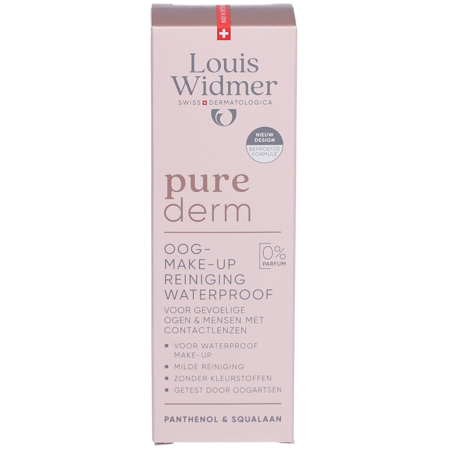 Produktverpackung mit Augen-Make-up-Entferner. Marke: Louis Widmer, Purederm. 0% Parfum. Für Kontaktlinsenträger.