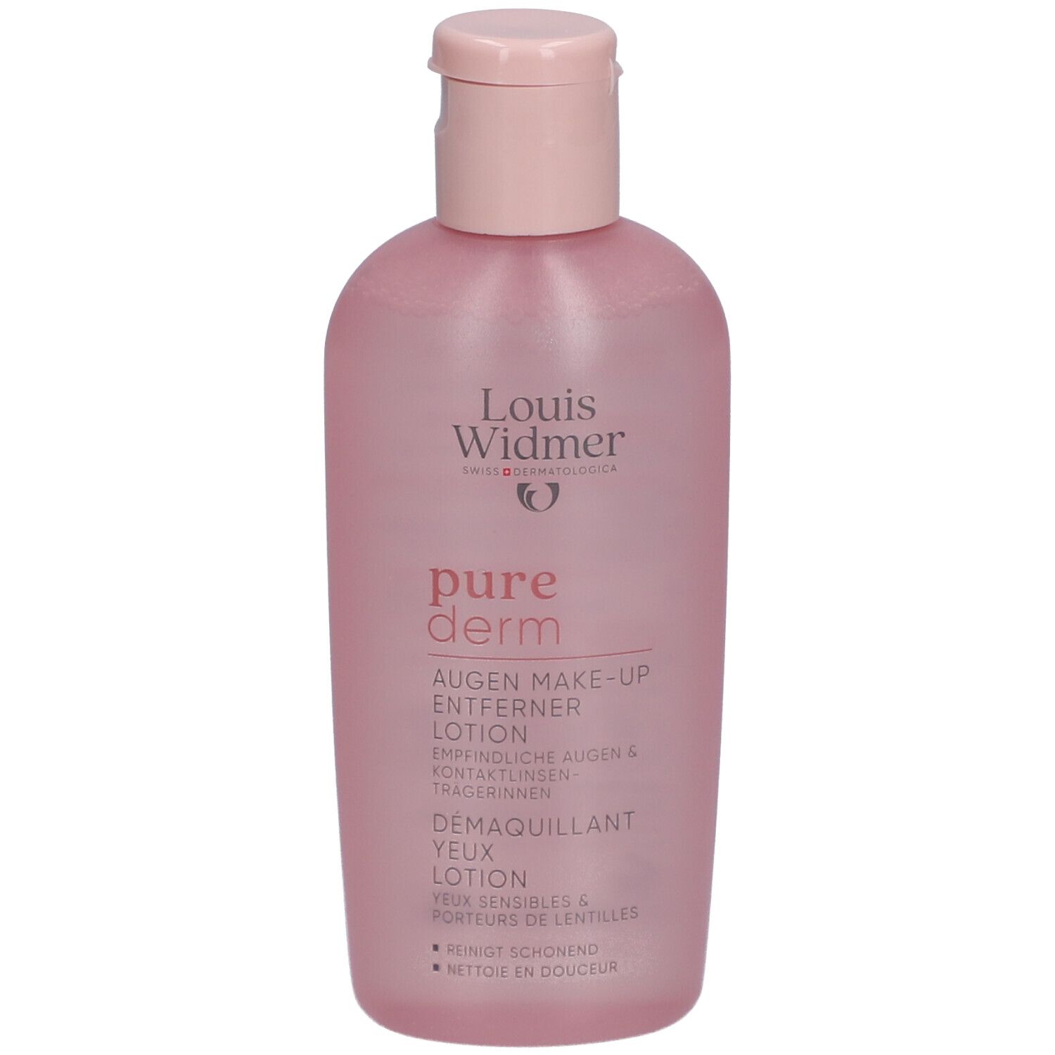 Rosa Flasche mit Augen Make-up Entferner Lotion. Deckel oben. Marke: Louis Widmer.