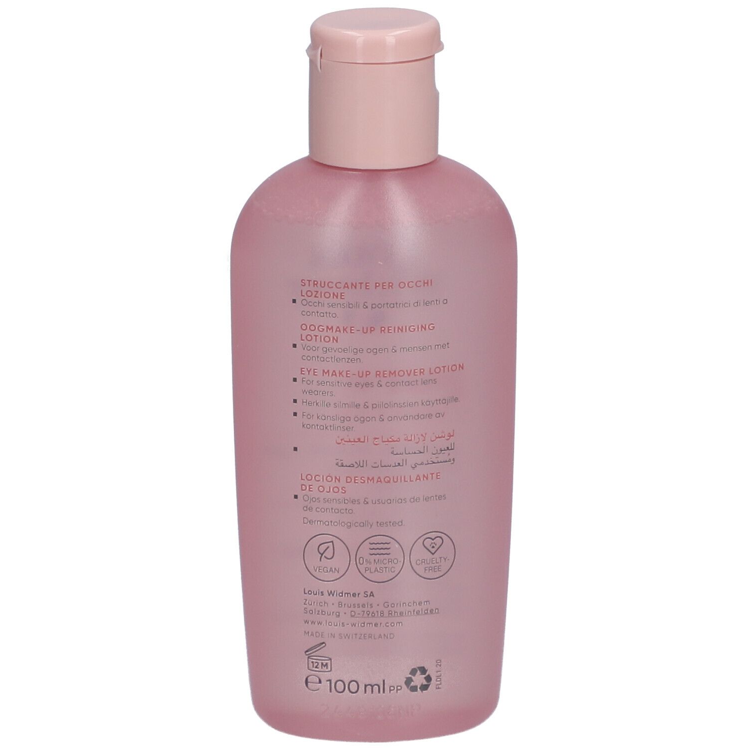 Rückseite der rosa Flasche mit Augen Make-up Entferner Lotion. Marke: Louis Widmer.