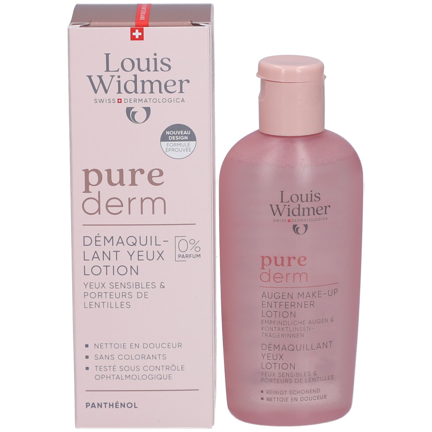 Produkt und Verpackung. Rosa Flasche und Karton. Marke: Louis Widmer, pure derm.