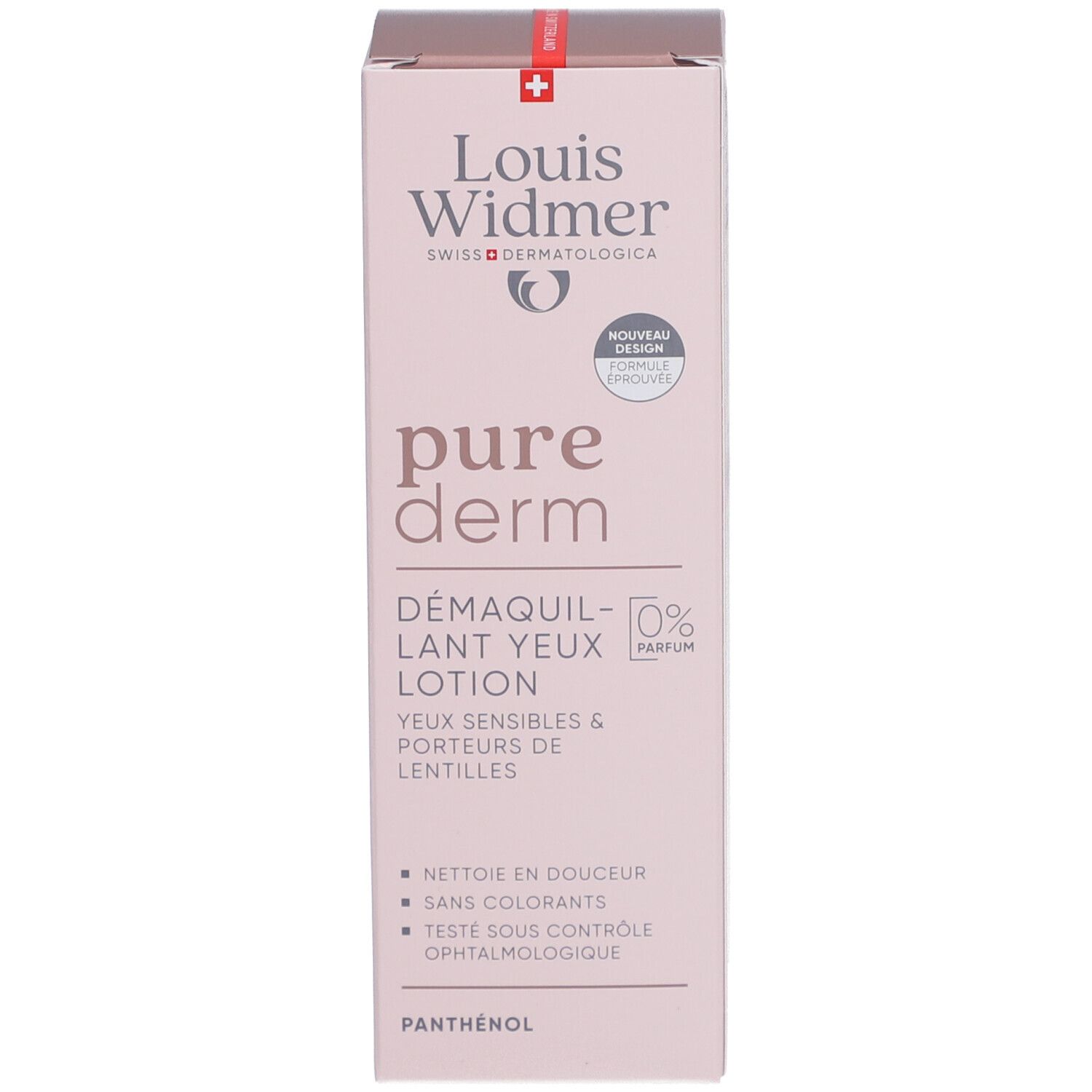 Rosa Karton mit Produktinformationen. Marke: Louis Widmer, pure derm.