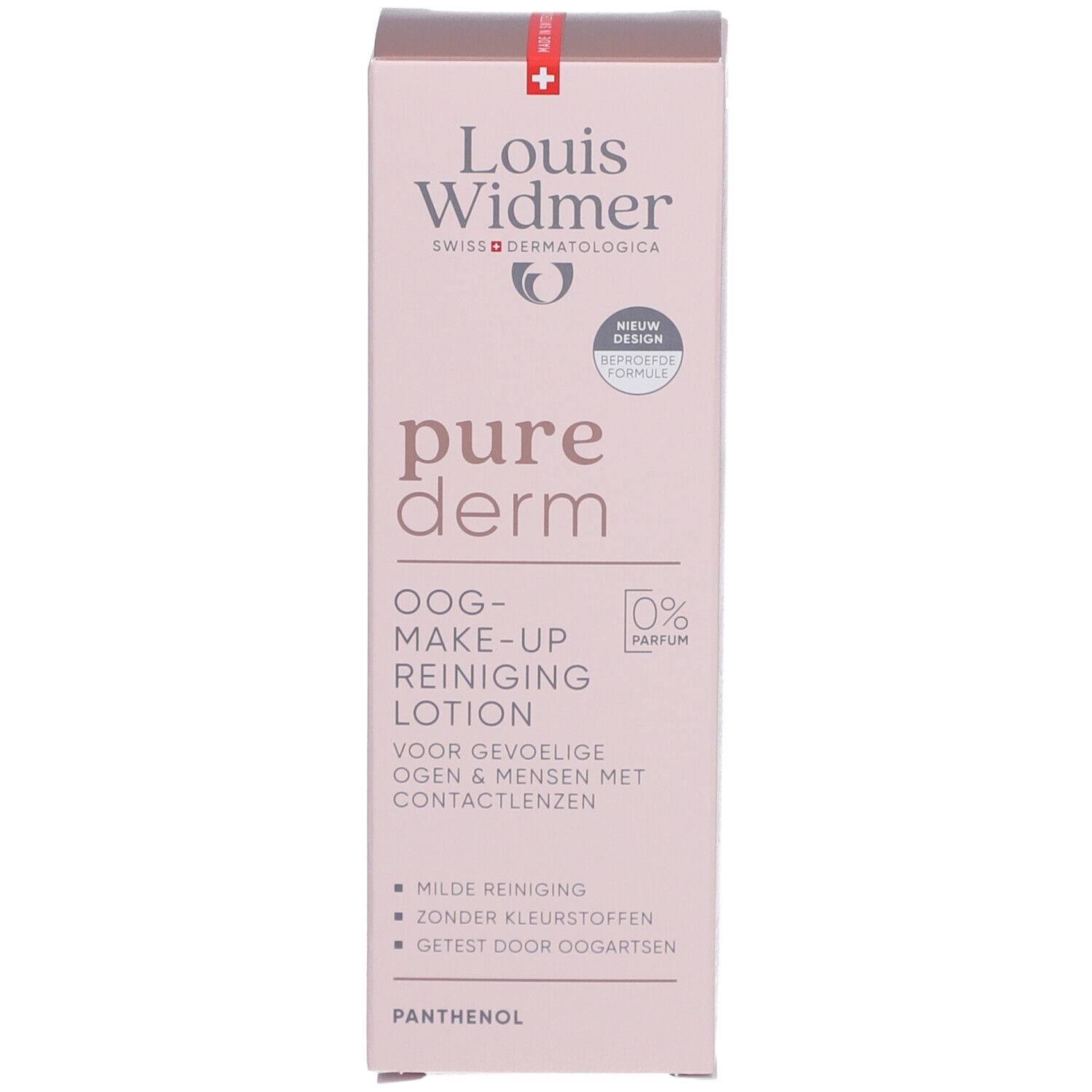 Rosa Karton mit Produktinformationen. Marke: Louis Widmer, pure derm.