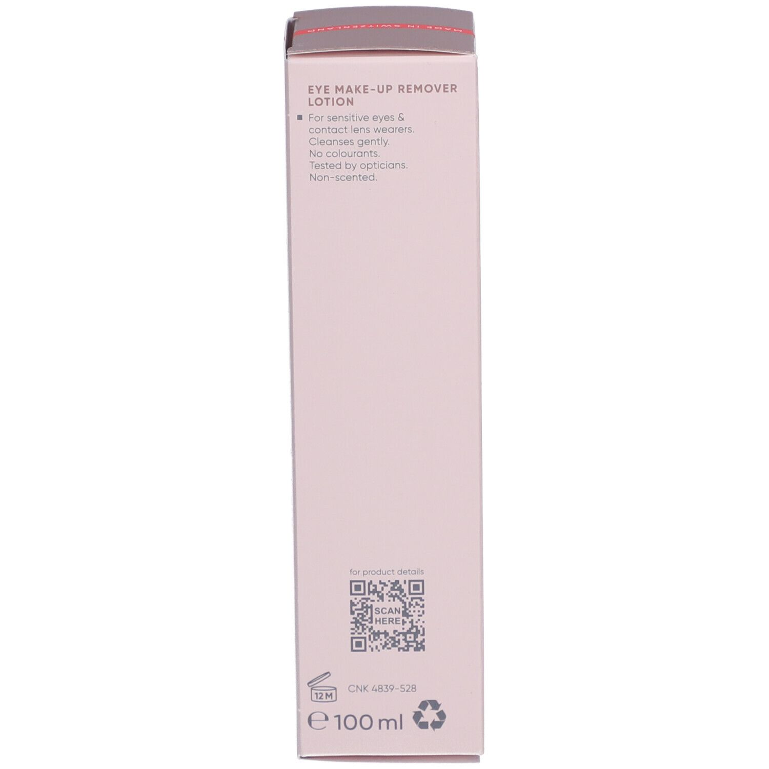 Rückseite des rosa Kartons. Produktinformationen, QR-Code. Marke: Louis Widmer.