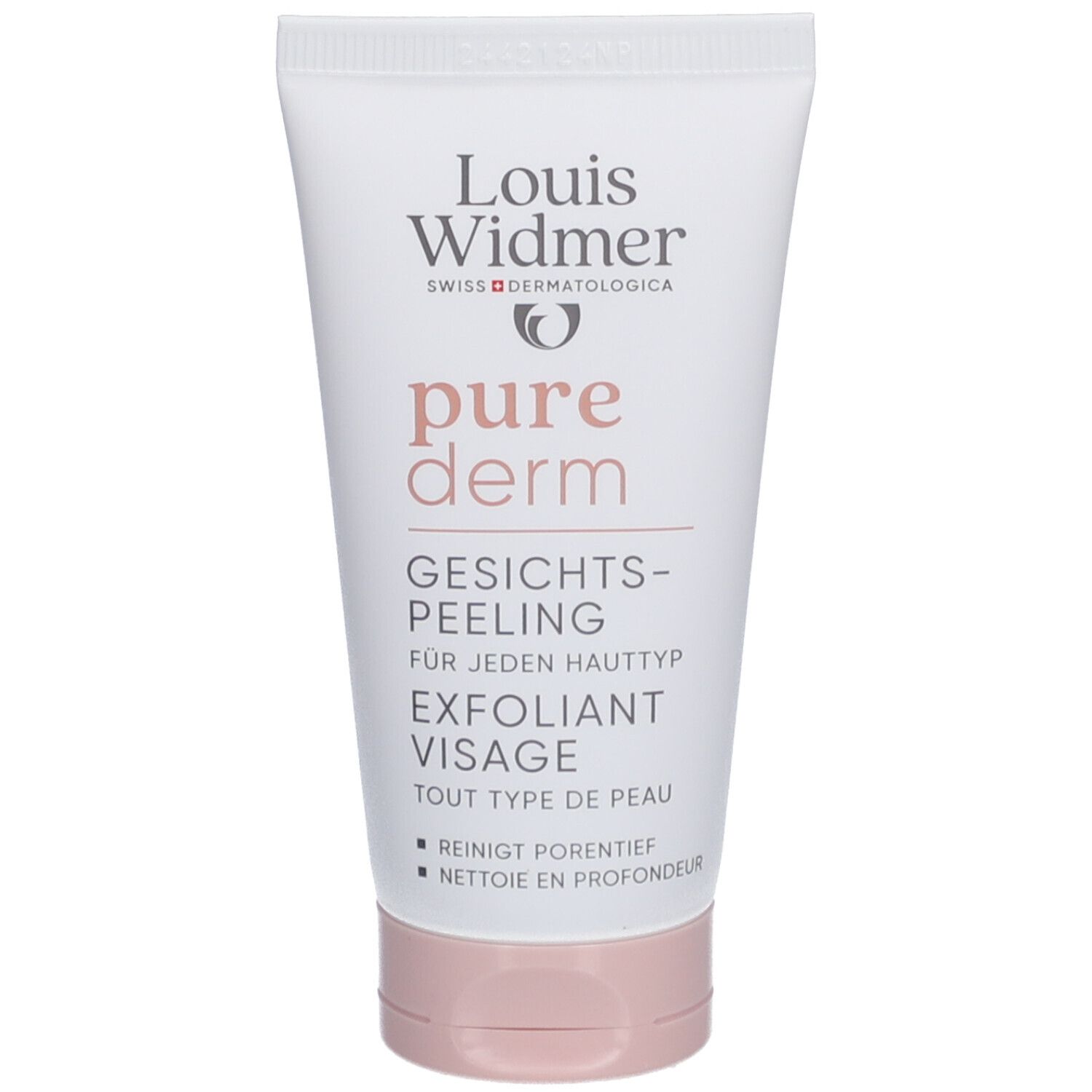 Weiße Tube mit Produktnamen und Logo. Gesichtspeeling, für jeden Hauttyp. Rosa Verschluss.