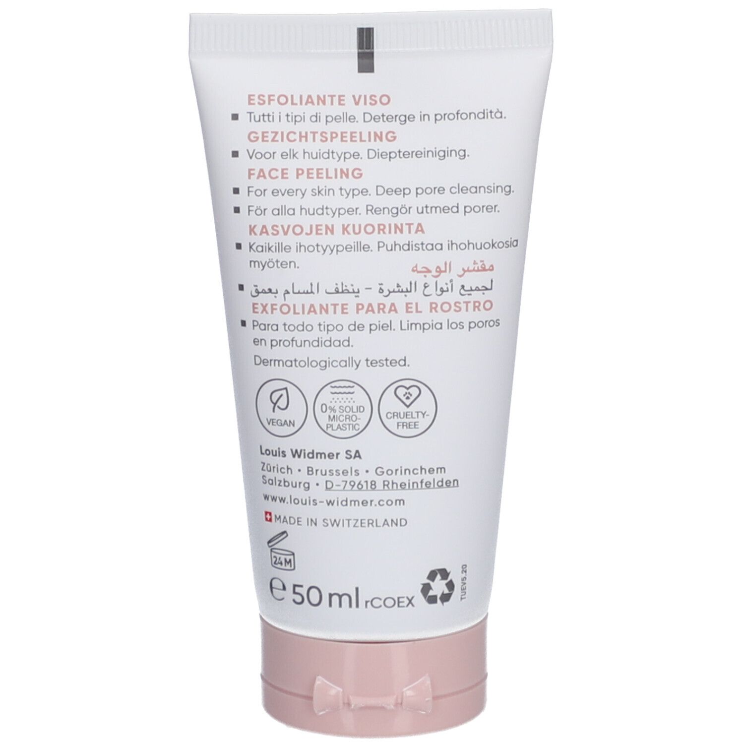 Rückseite der Tube. Produktinformationen in verschiedenen Sprachen. Vegan, ohne Mikroplastik.