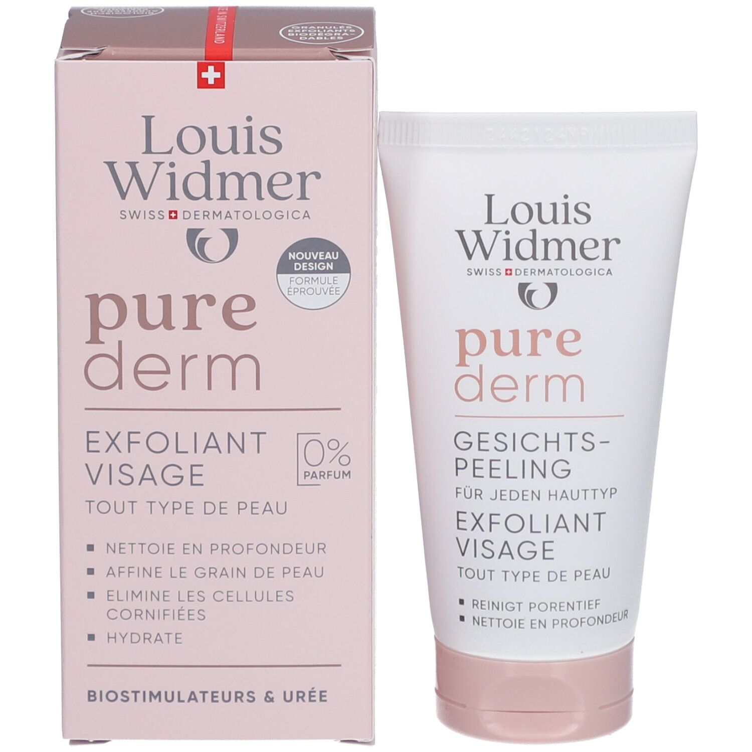 Produkt und Verpackung. Gesichtspeeling, ohne Parfum. Rosa Verpackung mit Logo und Text.