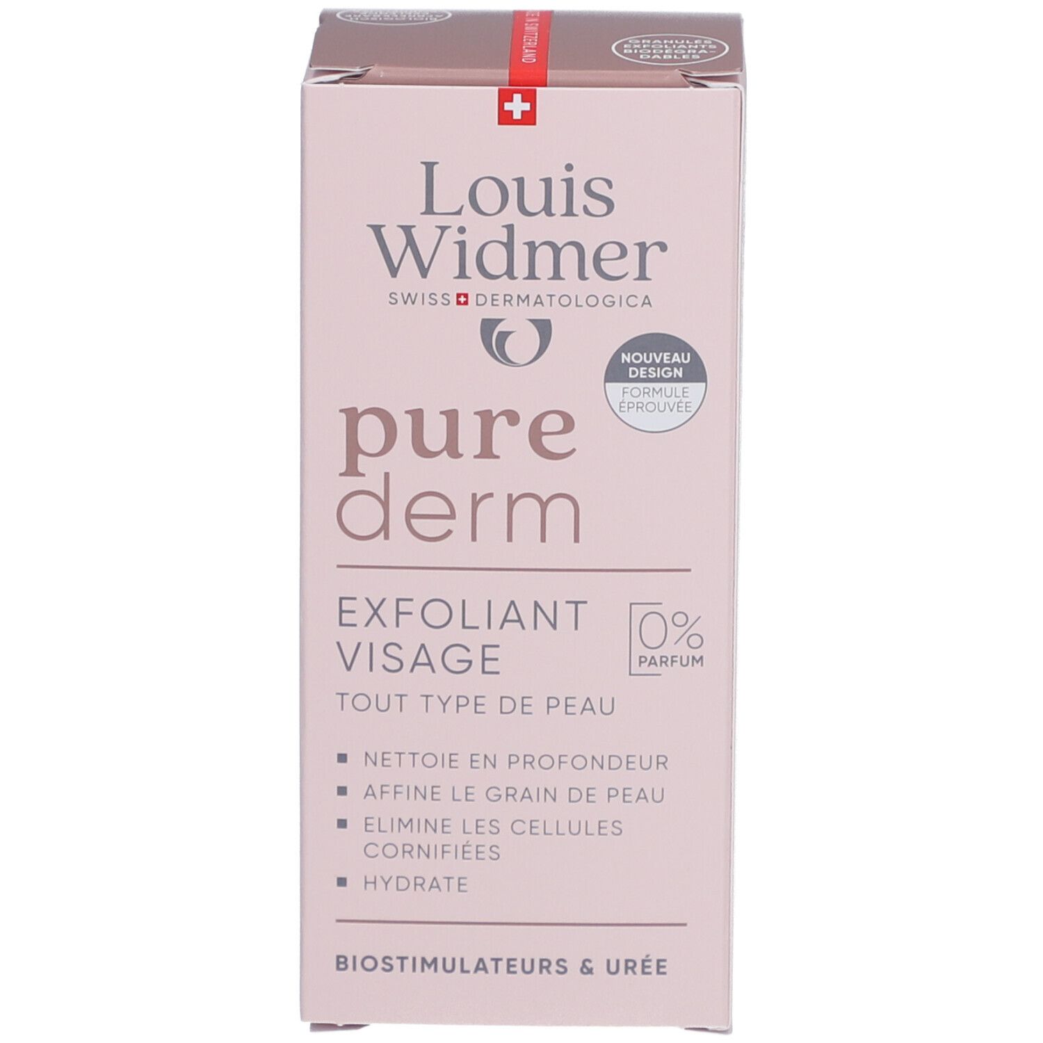 Rosa Verpackung. Gesichtspeeling, ohne Parfum. Logo und Produktinformationen.