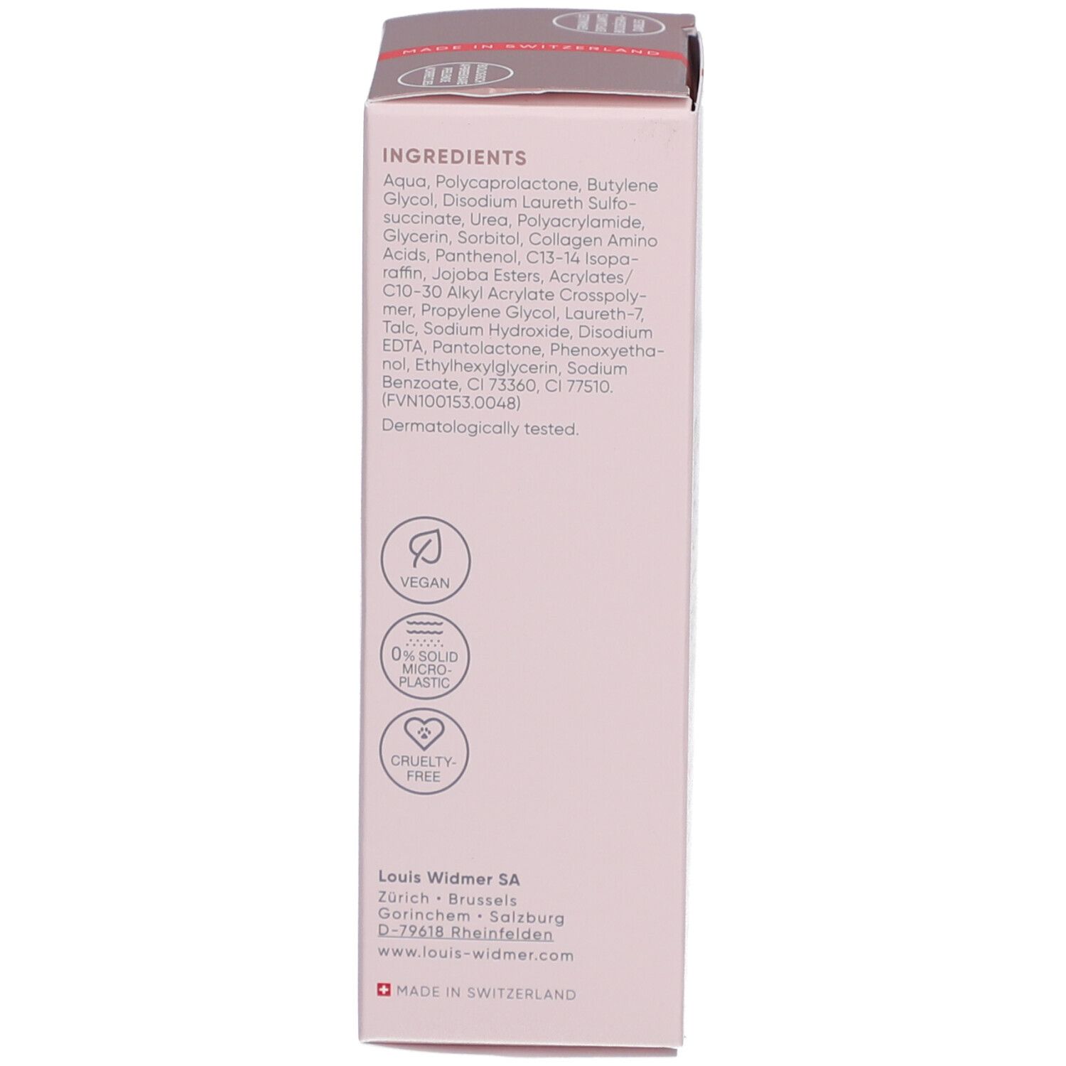 Rückseite der Verpackung. Inhaltsstoffe, Vegan-Siegel, ohne Mikroplastik, Cruelty-Free.