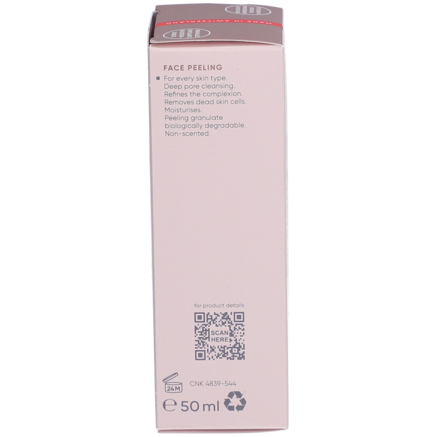 Rückseite der Verpackung. Produktinformationen, QR-Code, 50 ml, Recycling-Symbol.