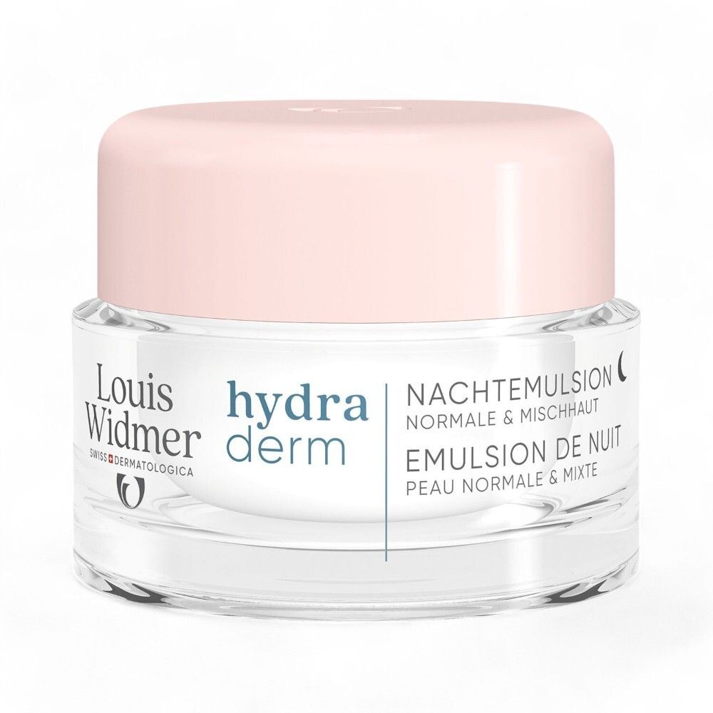 Crèmepot met roze deksel. Opschrift: Louis Widmer, hydraderm, Nachtemulsie.