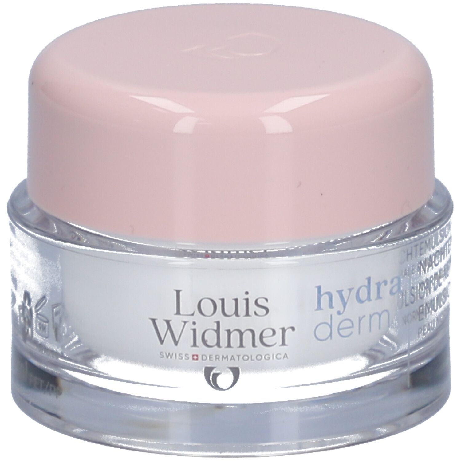 Crèmepot met roze deksel. Opschrift: Louis Widmer, hydraderm.