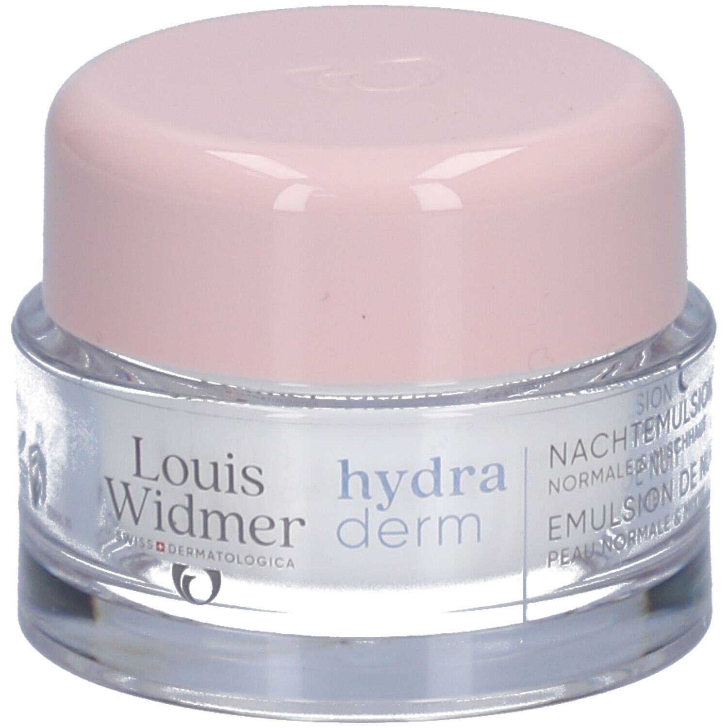 Crèmepot met roze deksel. Opschrift: Louis Widmer, hydraderm, Nachtemulsie.
