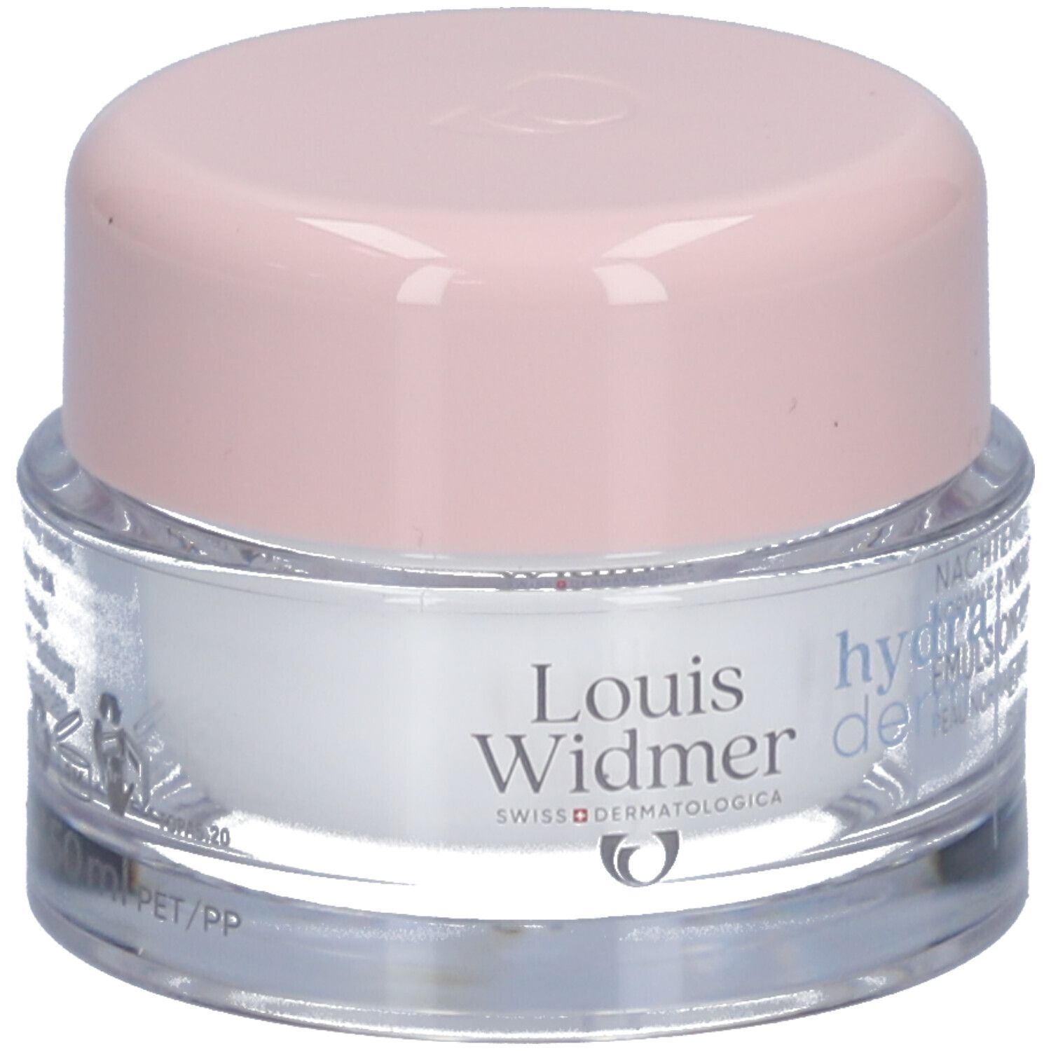 Crèmepot met roze deksel. Opschrift: Louis Widmer, hydraderm, fruitzuren.