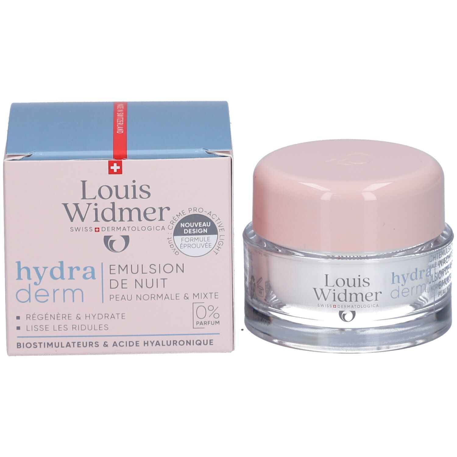 Product en verpakking. Opschrift: Louis Widmer, hydraderm, Emulsion de Nuit. Doos met tekst.