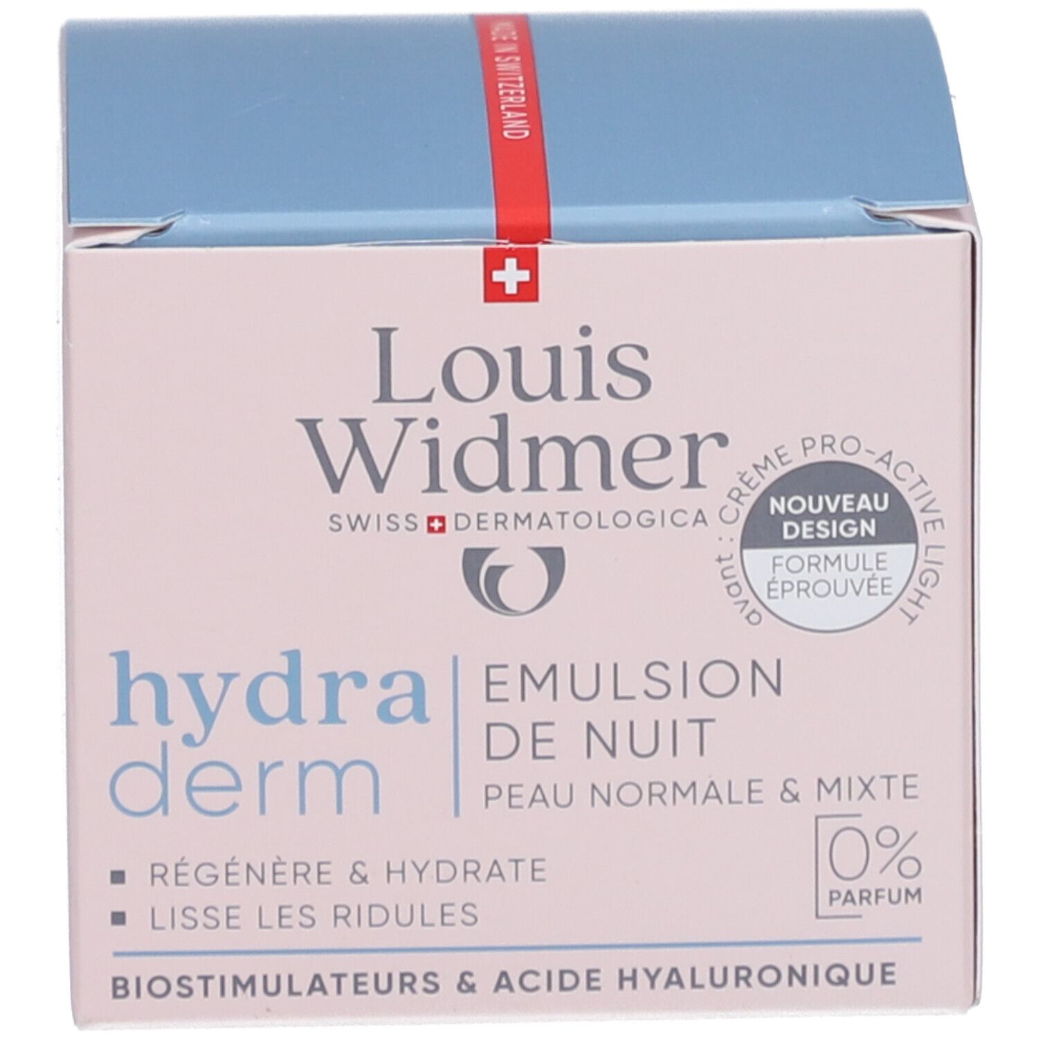 Productverpakking. Opschrift: Louis Widmer, hydraderm, Emulsion de Nuit. Tekst en logo.
