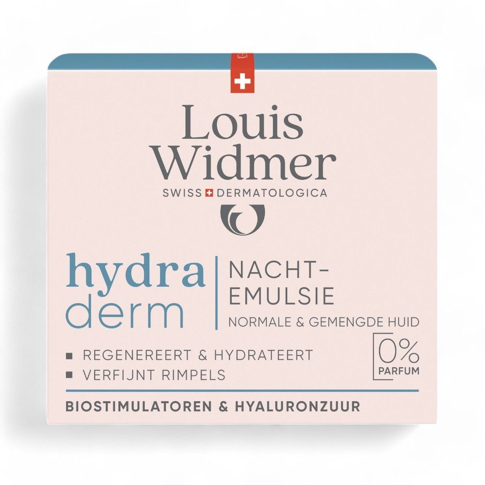 Productverpakking. Opschrift: Louis Widmer, hydraderm, Nachtemulsie. Tekst en logo.