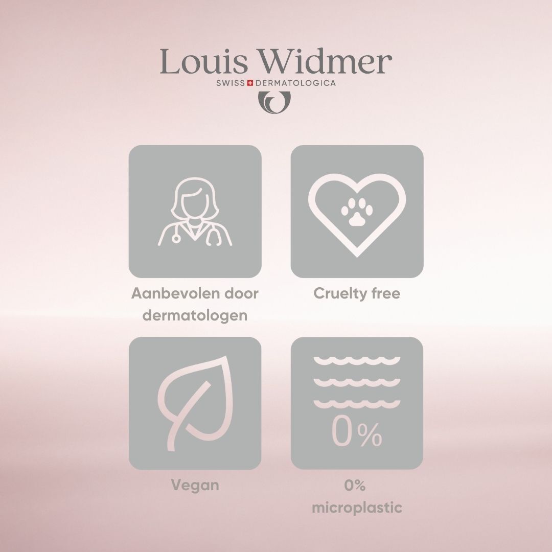 Productverpakking. Opschrift: Louis Widmer, hydraderm, Nachtemulsie. Tekst en logo.
