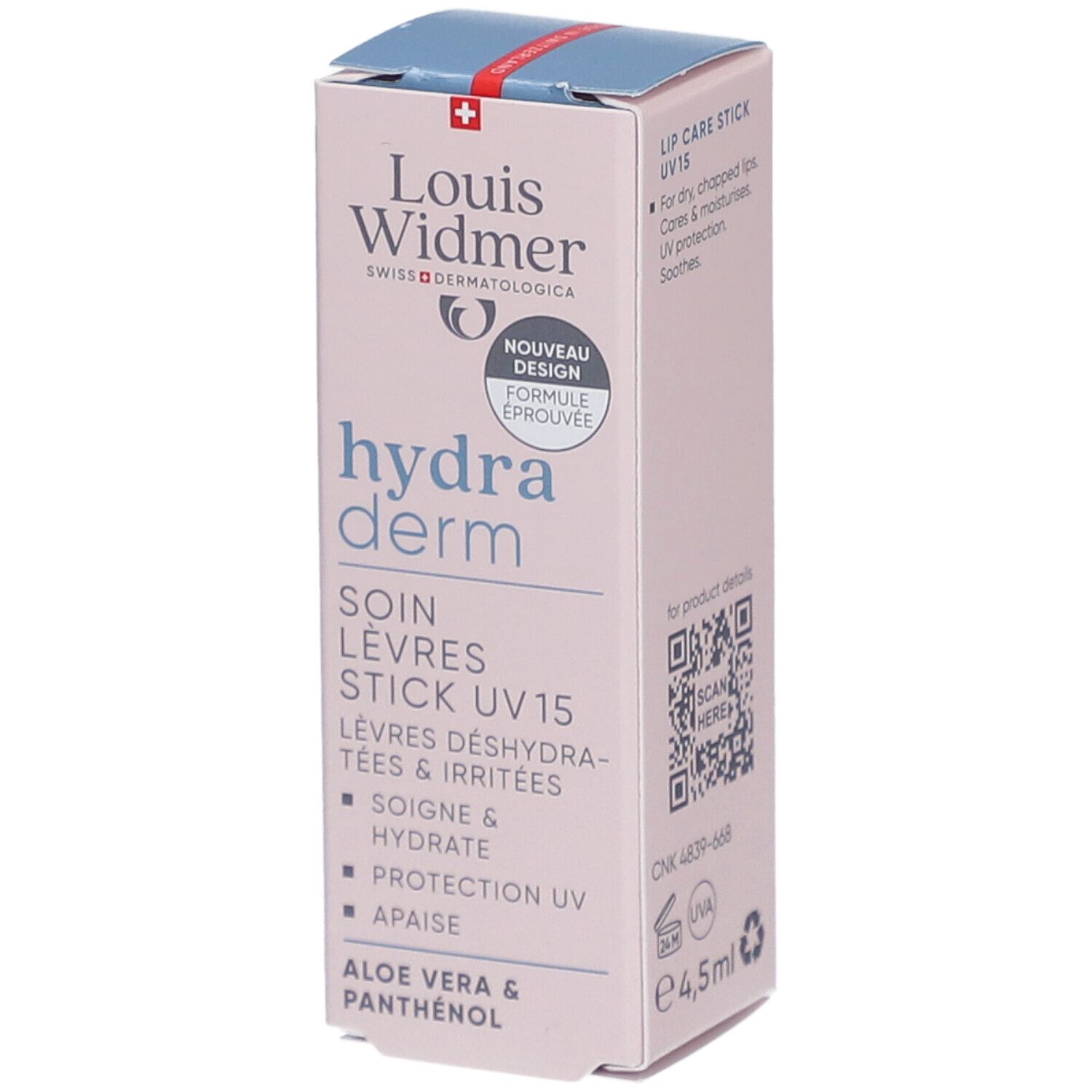Louis Widmer Hydraderm Stick UV15. Verpakking met productinfo. Zwitserse vlag. 4,5ml.