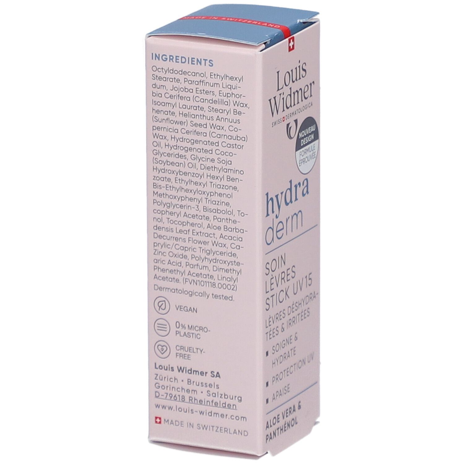 Louis Widmer Hydraderm Stick UV15. Achterkant verpakking met ingrediënten en logo's. Vegan, microplasticvrij.