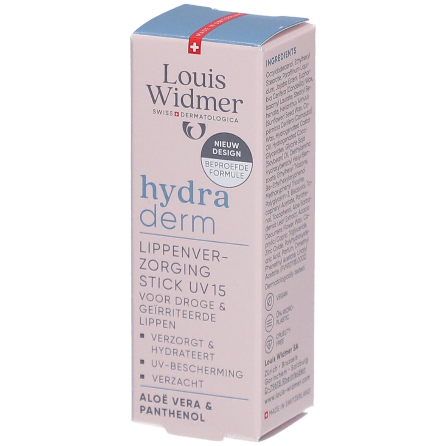 Louis Widmer Hydraderm Stick UV15. Verpakking met productinfo. Zwitserse vlag. 4,5ml.