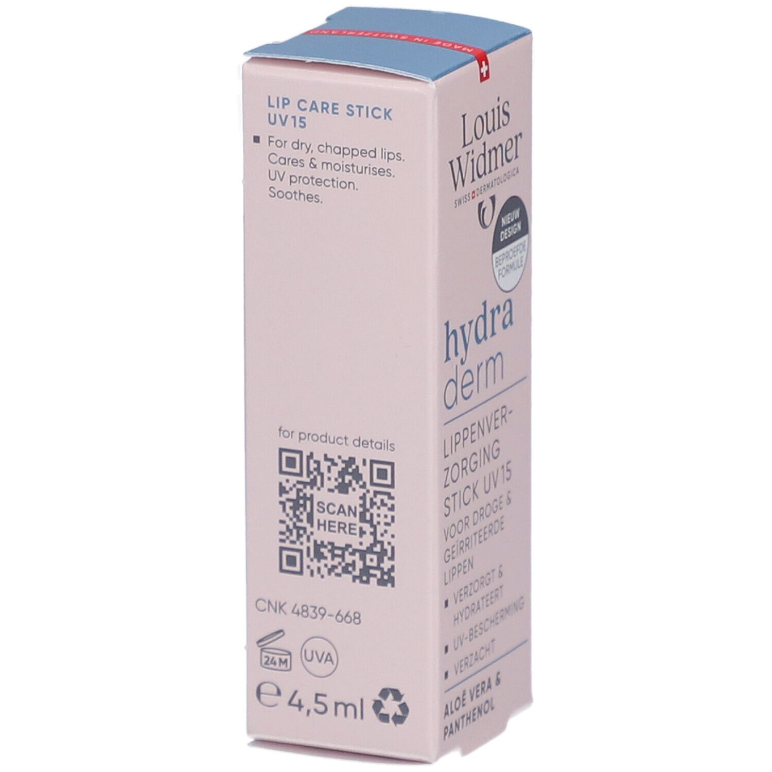 Louis Widmer Hydraderm Stick UV15. Verpakking met productinfo. Zwitserse vlag. 4,5ml.