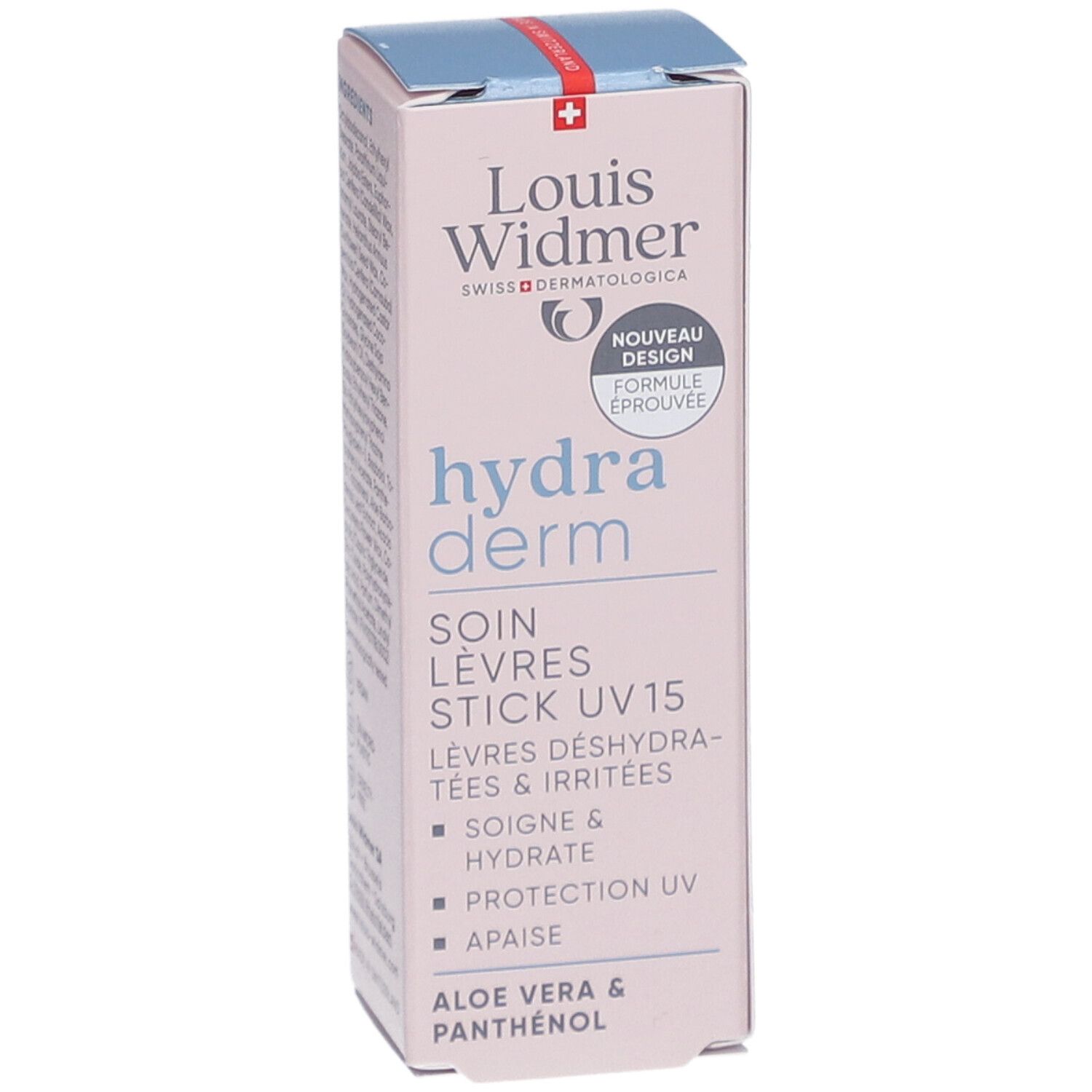 Louis Widmer Hydraderm Stick UV15. Verpakking met productinfo. Zwitserse vlag. 4,5ml.
