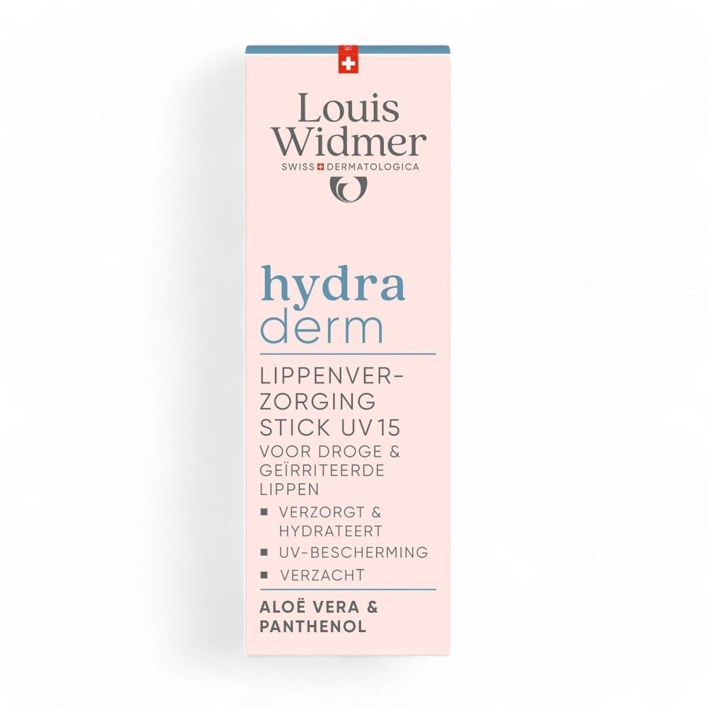 Louis Widmer Hydraderm Stick UV15. Verpakking met productinfo. Zwitserse vlag. 4,5ml.